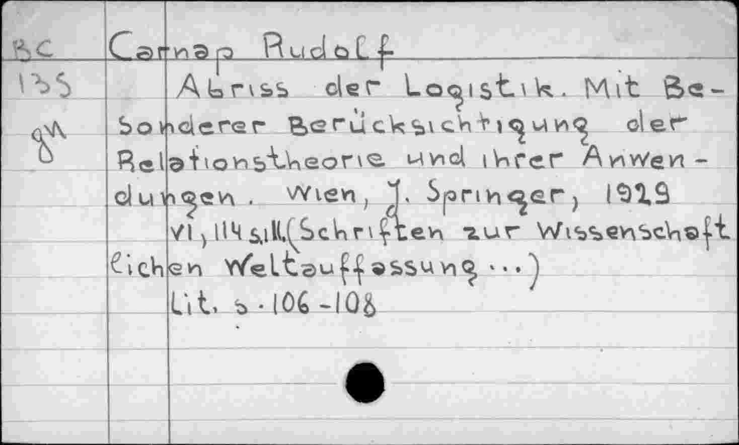 ﻿sc	C«r	vnBjO V^mc1öL|-
^5		Abriss der Logistik. Mit Bc-öderer BGfuGksichV)<^ur»<£ der ©iiovnstVieone nvid ikrer AziWen-
	So v	
	Re l	
	d u i	. Wien, 1. Sprih^er, 19X9 VI > imsjIl^Sc^riYtev-x xur Wi<b<aev\5cV\®|t
		
	£ i c.h	e»n Y/elte>u££ ®ssu viQ, * • • *)
		lit, b • 106 -I0&
		
		
		
		